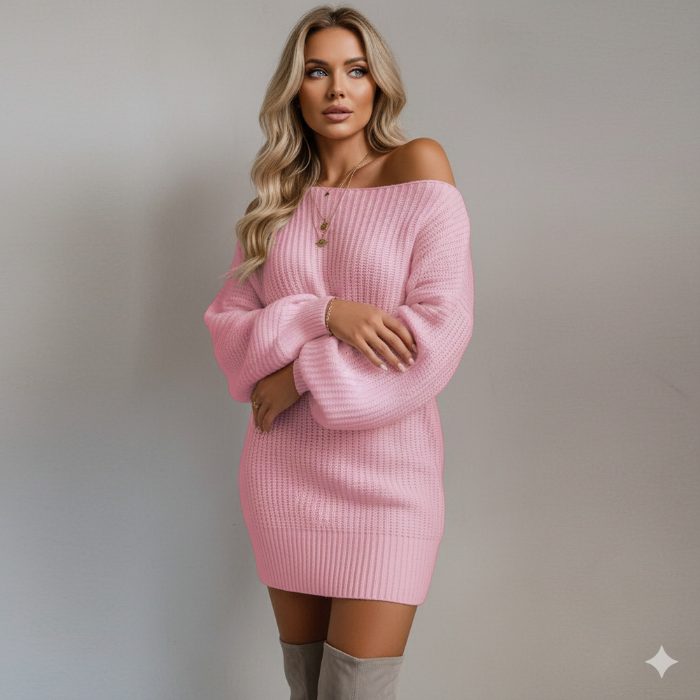 Damen Strickkleid schulterfrei | Elegant & Warm für Herbst Winter
