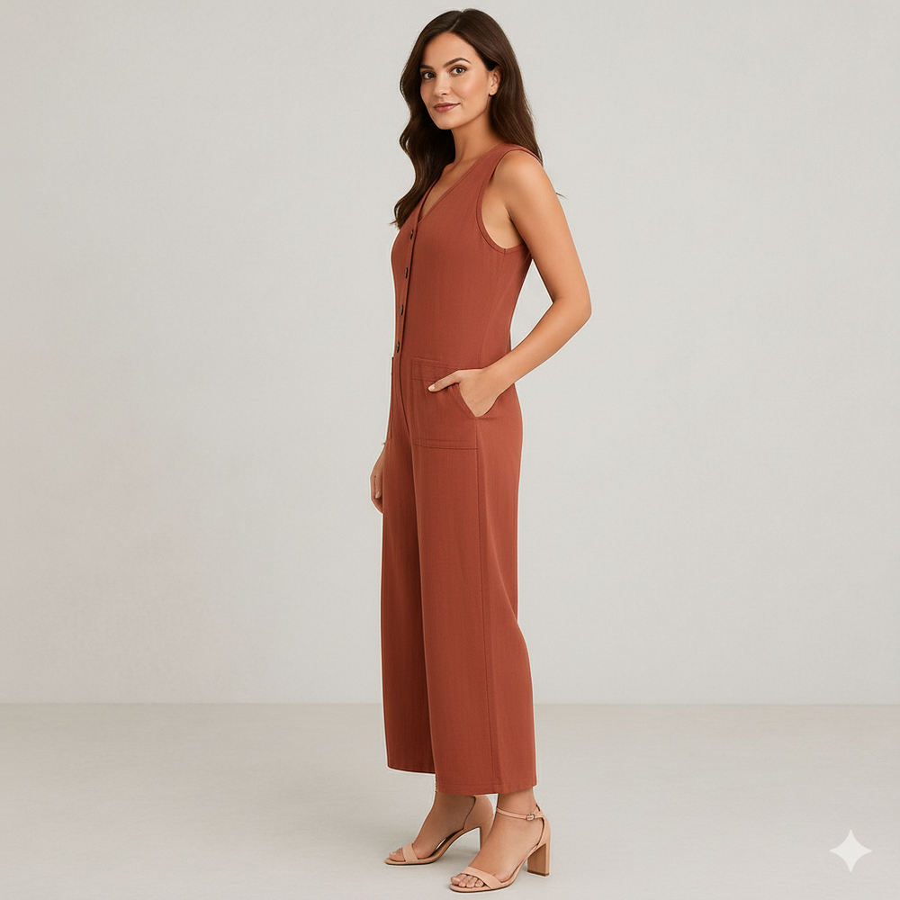 Damen Leinen Jumpsuit ärmellos | Herbst Elegant mit Knopfleiste