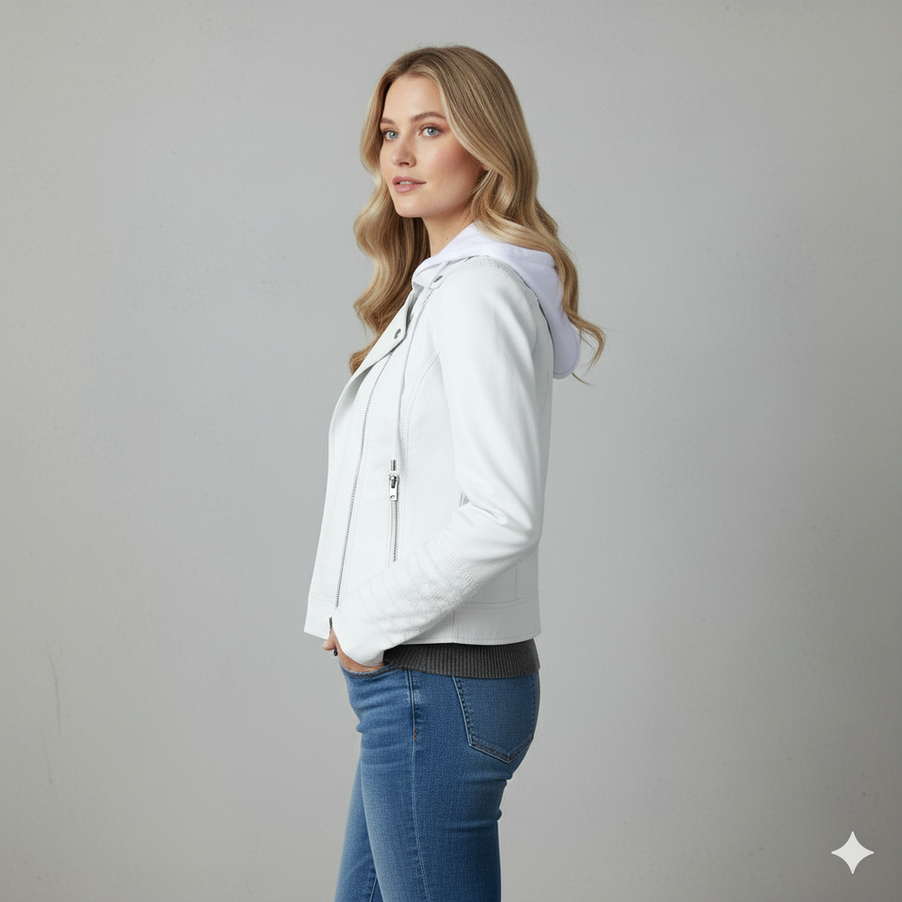 Damen Lederjacke mit Kapuze | Modern & Abnehmbar | Übergang