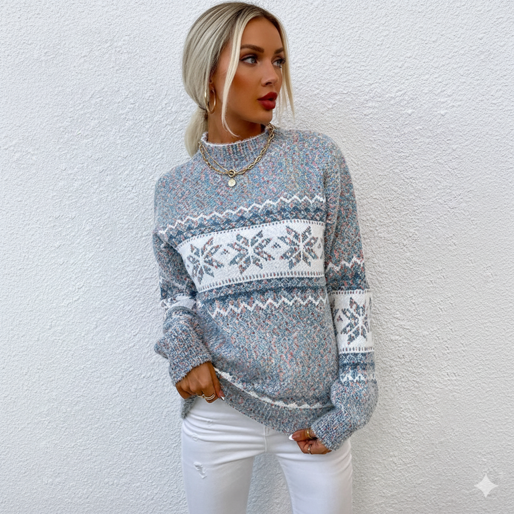 Damen Strickpullover mit Stehkragen | Winter | Schneeflocken-Muster