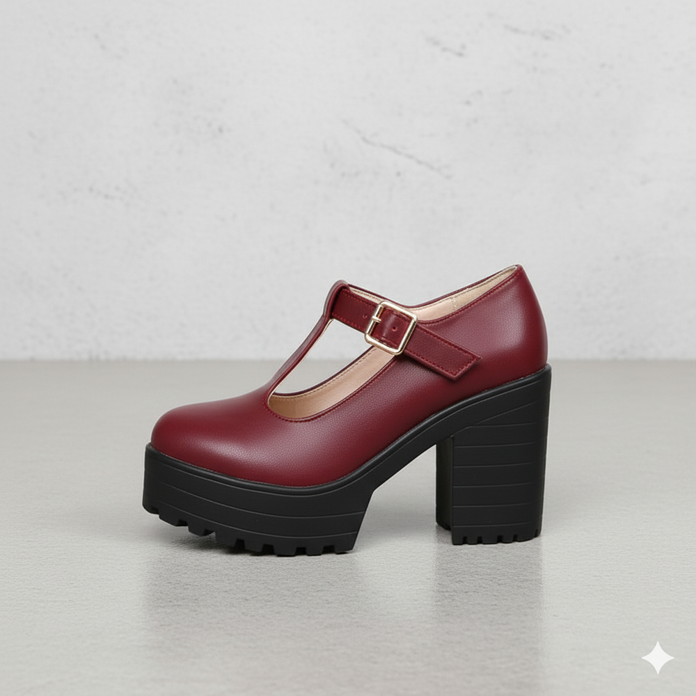 Damen T-Steg Pumps | Retro Stil mit Blockabsatz & Schnalle