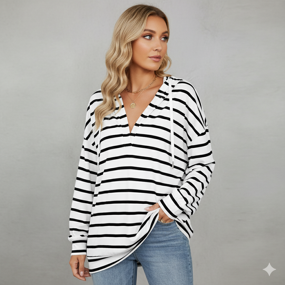 Gestreifter Damen Hoodie mit V Ausschnitt