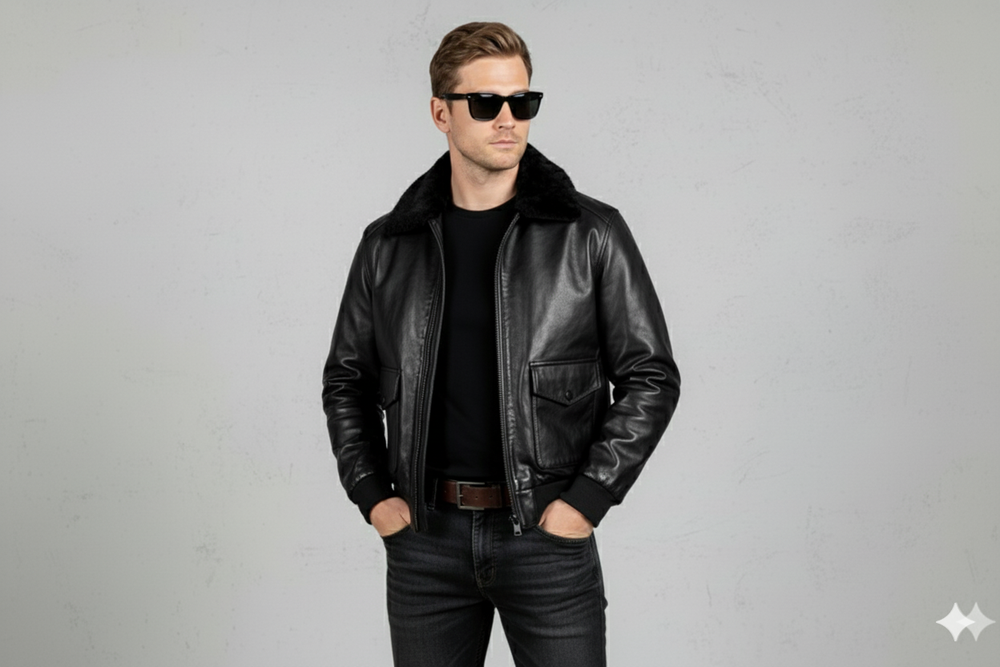 Herren Lederjacke im Retro Air Force Stil | Warm mit Fellkragen