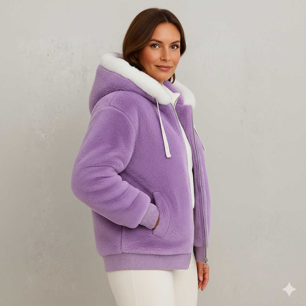 Kuschelige Damen Plüschjacke mit Kapuze und Reißverschluss | Winter