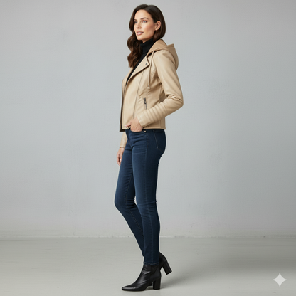 Damen Lederjacke mit Kapuze | Modern & Abnehmbar | Übergang