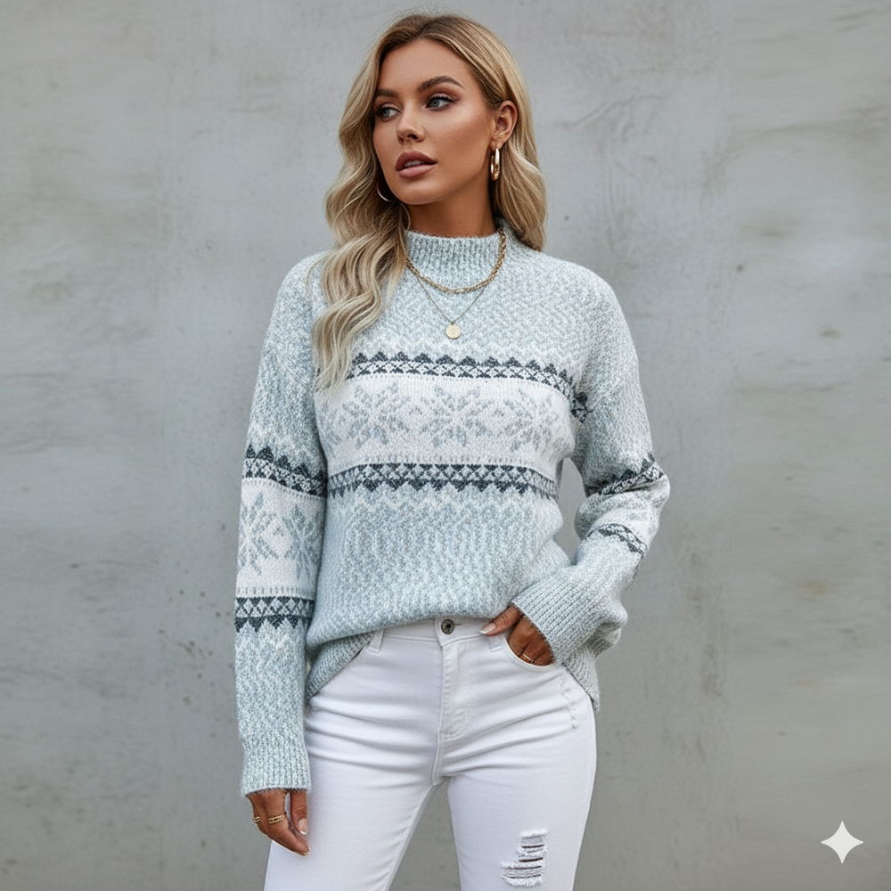 Damen Strickpullover mit Stehkragen | Winter | Schneeflocken-Muster