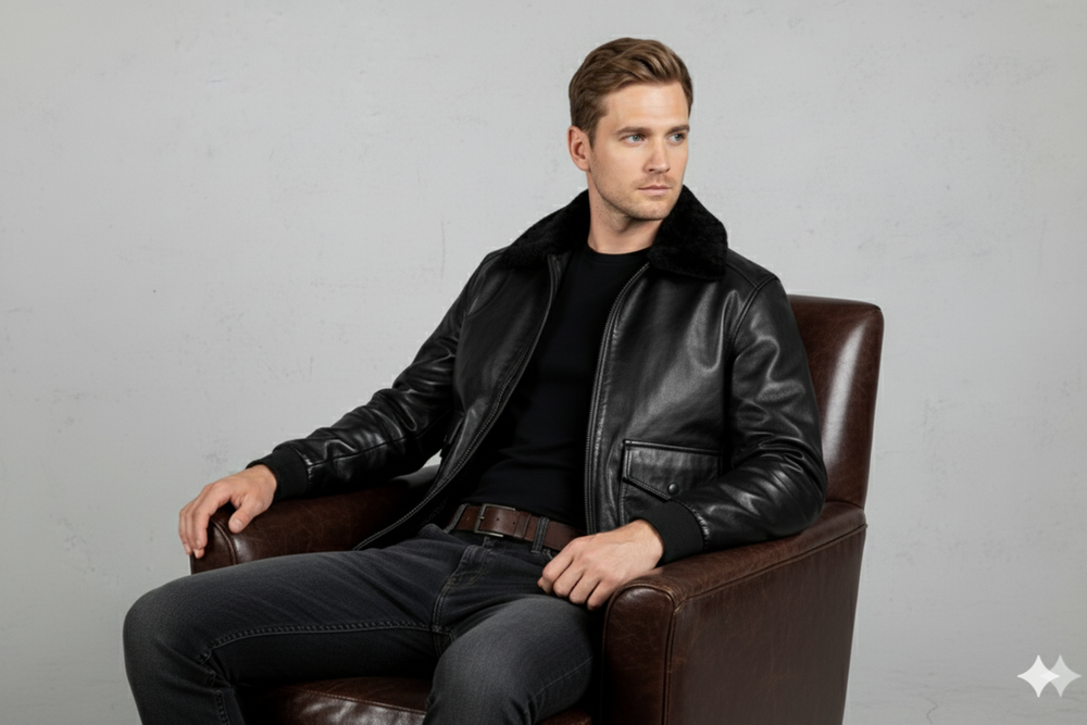 Herren Lederjacke im Retro Air Force Stil | Warm mit Fellkragen