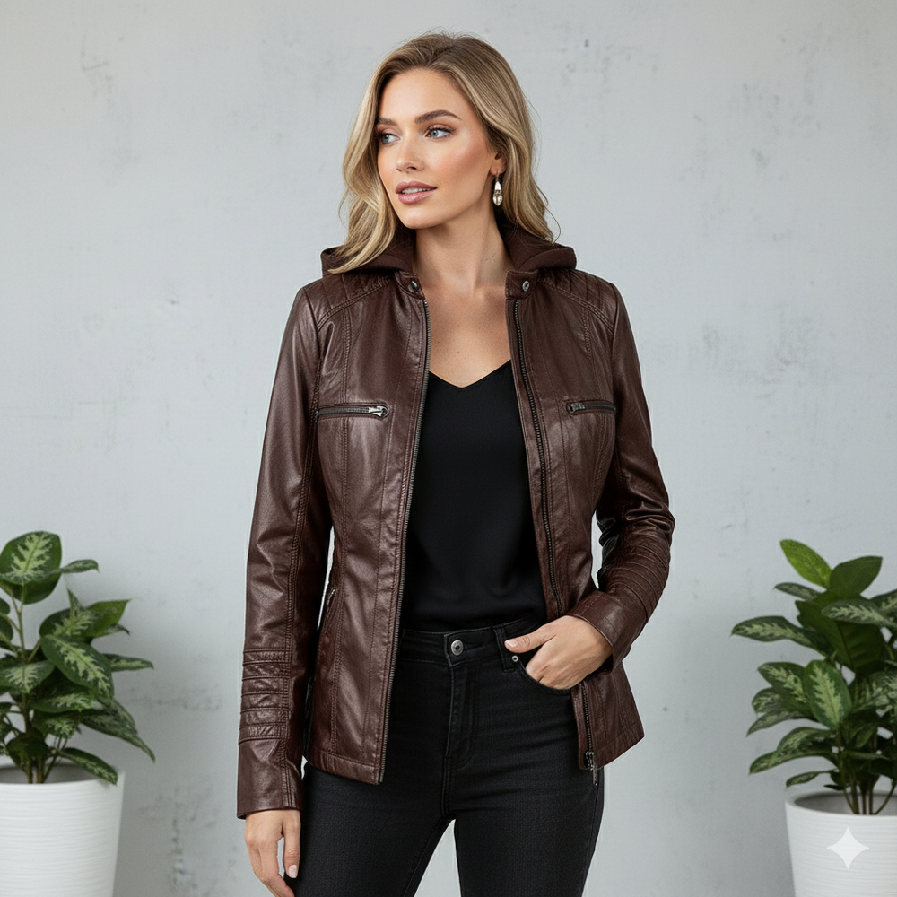 Damen Lederjacke mit Kapuze | Modern & Abnehmbar | Übergang
