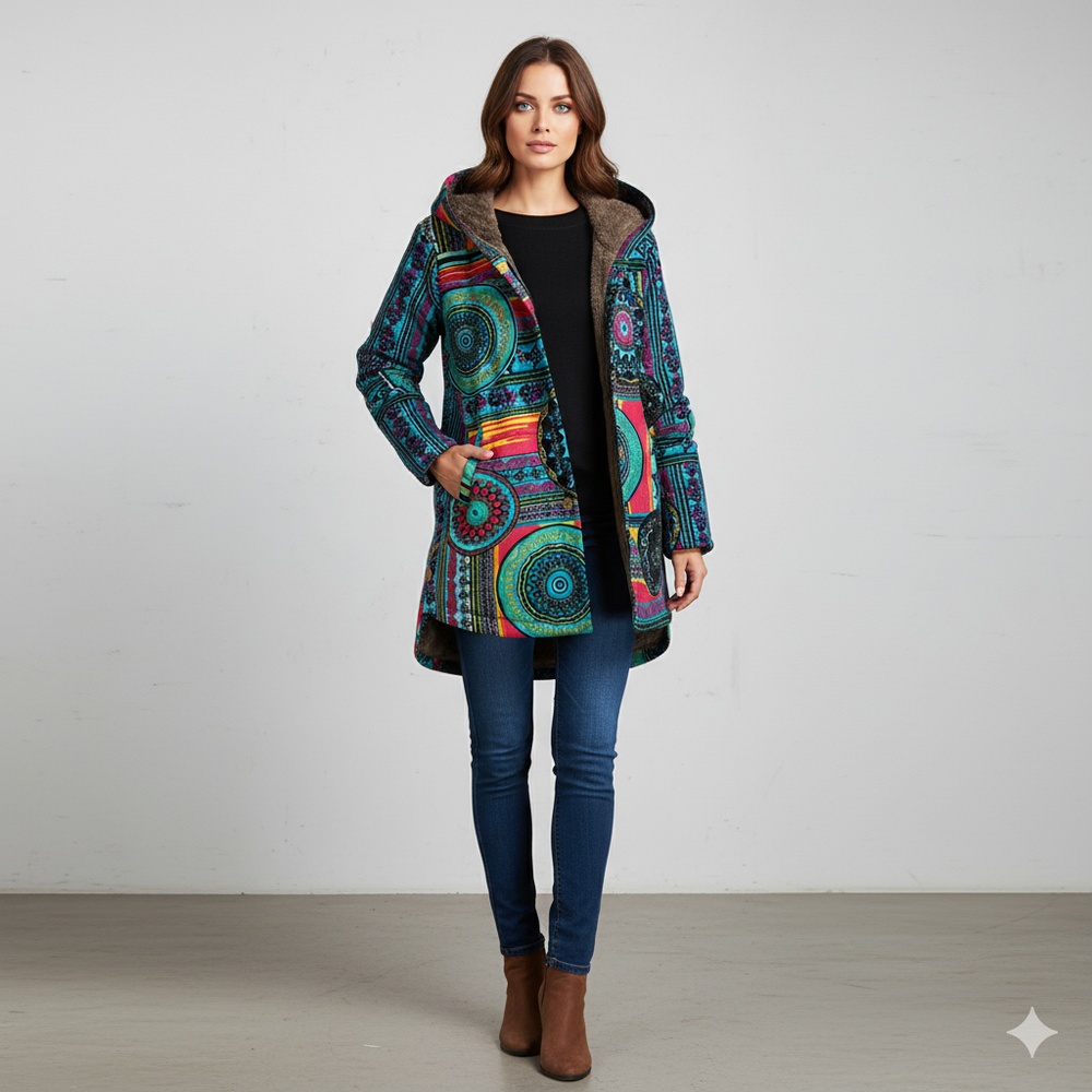 Damen Winterjacke mit Ethno Muster | Warm & Bequem | Kapuze