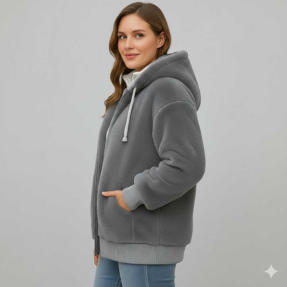 Kuschelige Damen Plüschjacke mit Kapuze und Reißverschluss | Winter