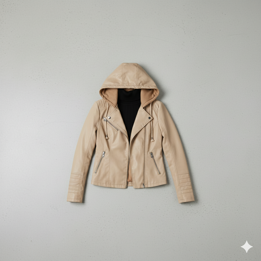 Damen Lederjacke mit Kapuze | Modern & Abnehmbar | Übergang