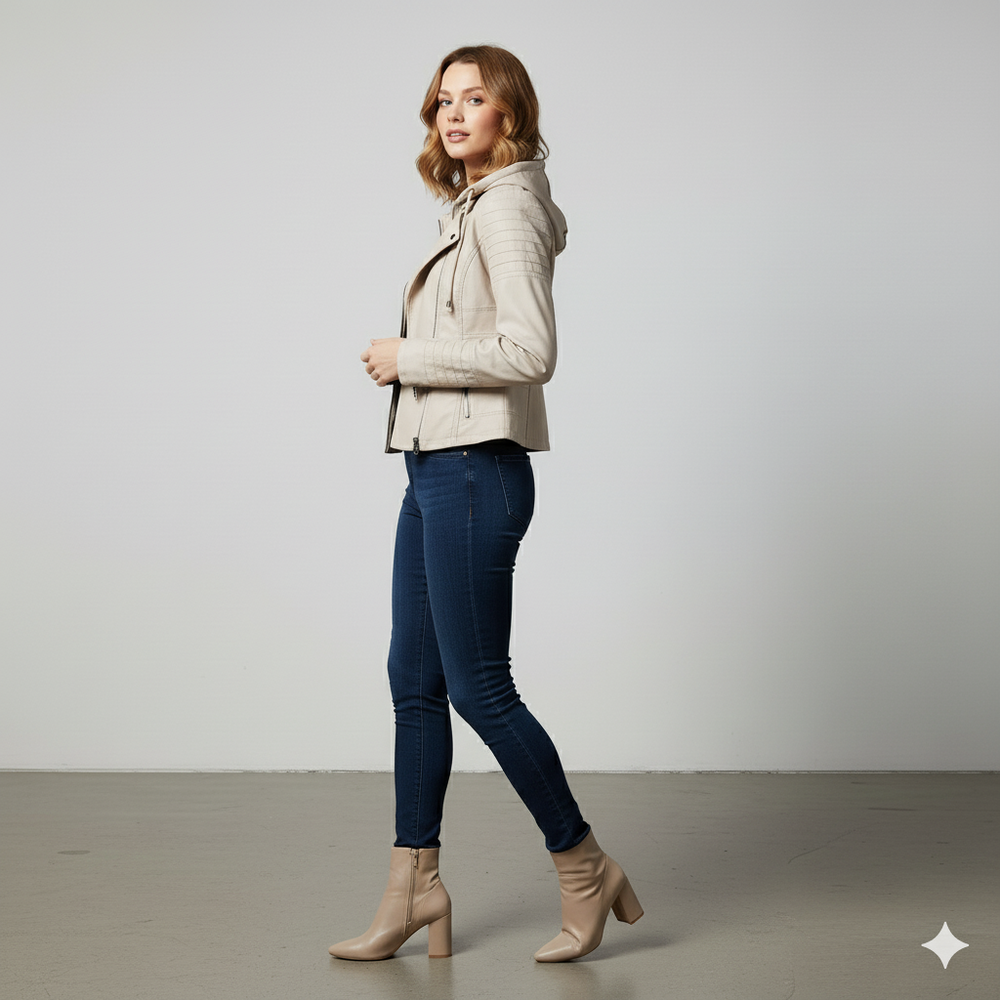 Damen Lederjacke mit Kapuze | Modern & Abnehmbar | Übergang