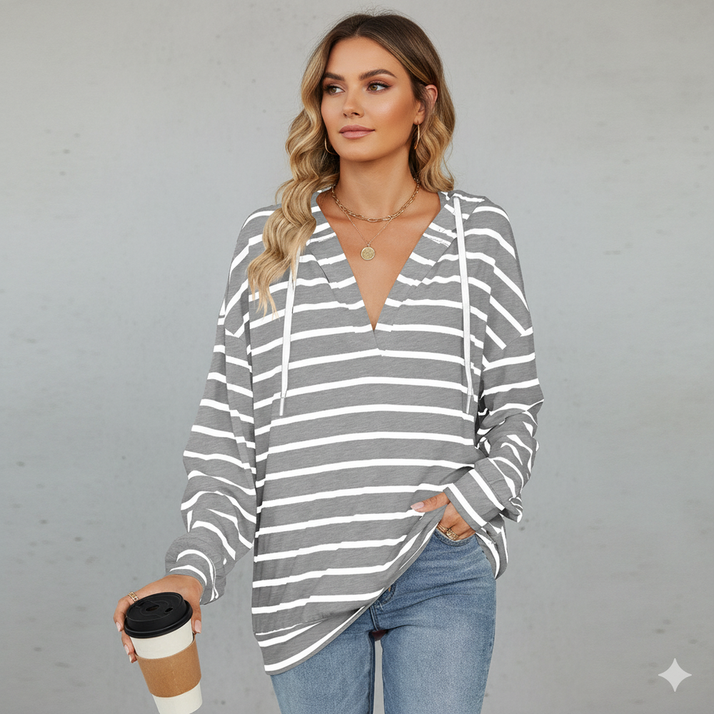 Gestreifter Damen Hoodie mit V Ausschnitt