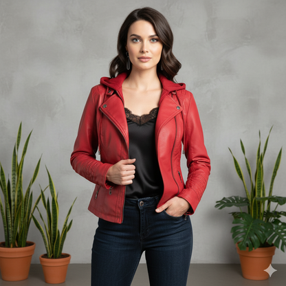 Damen Lederjacke mit Kapuze | Modern & Abnehmbar | Übergang
