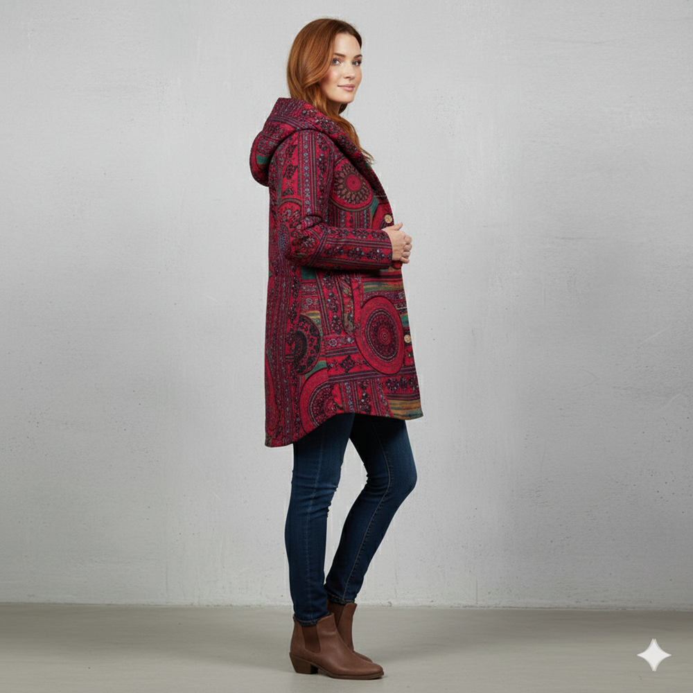 Damen Winterjacke mit Ethno Muster | Warm & Bequem | Kapuze