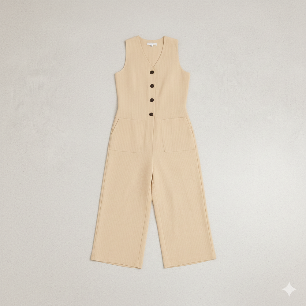 Damen Leinen Jumpsuit ärmellos | Herbst Elegant mit Knopfleiste