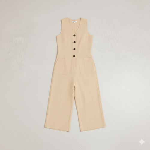 Damen Leinen Jumpsuit ärmellos | Herbst Elegant mit Knopfleiste