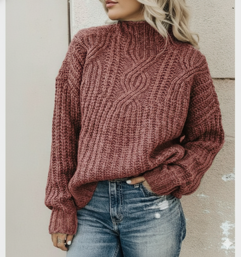 Damen Strickpullover mit Zopfmuster | Warm & Hochgeschlossen | Winter