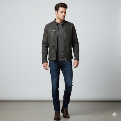 Herren Bikerjacke aus Veganleder mit Stehkragen | Herbst Winter
