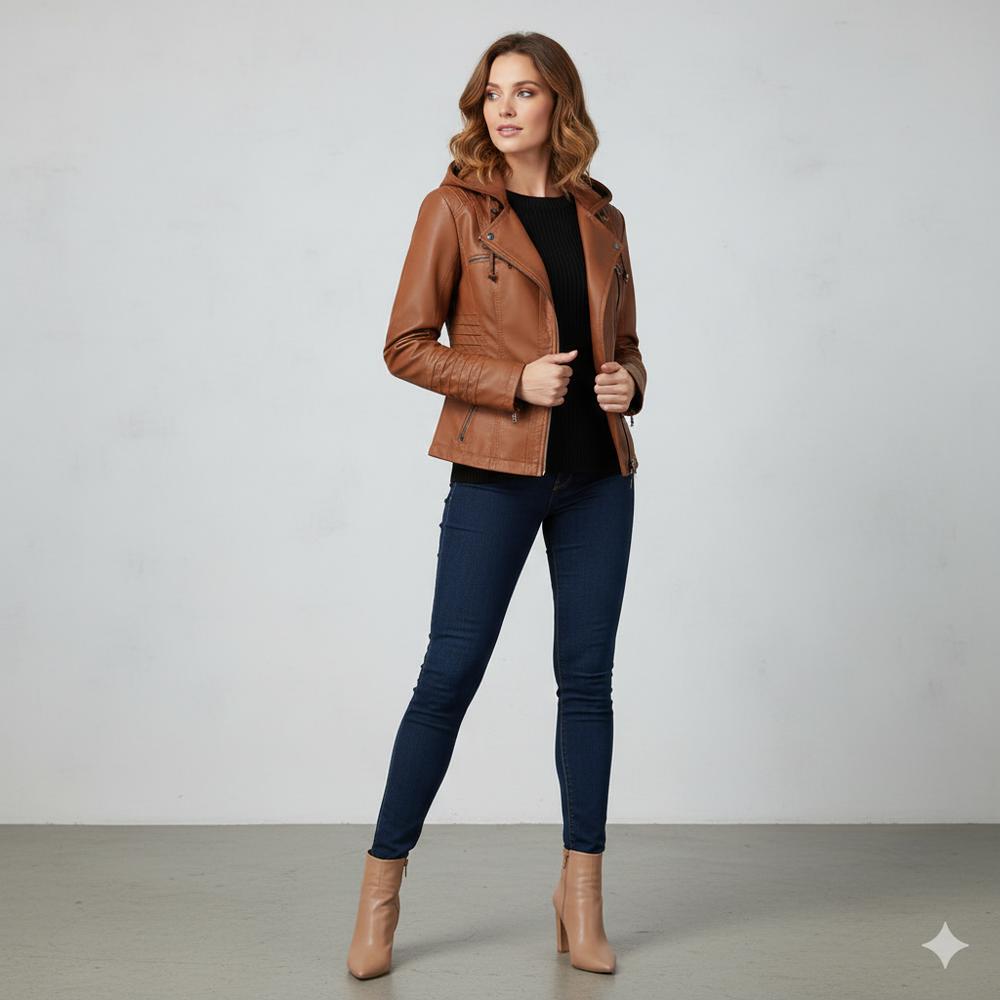 Damen Lederjacke mit Kapuze | Modern & Abnehmbar | Übergang