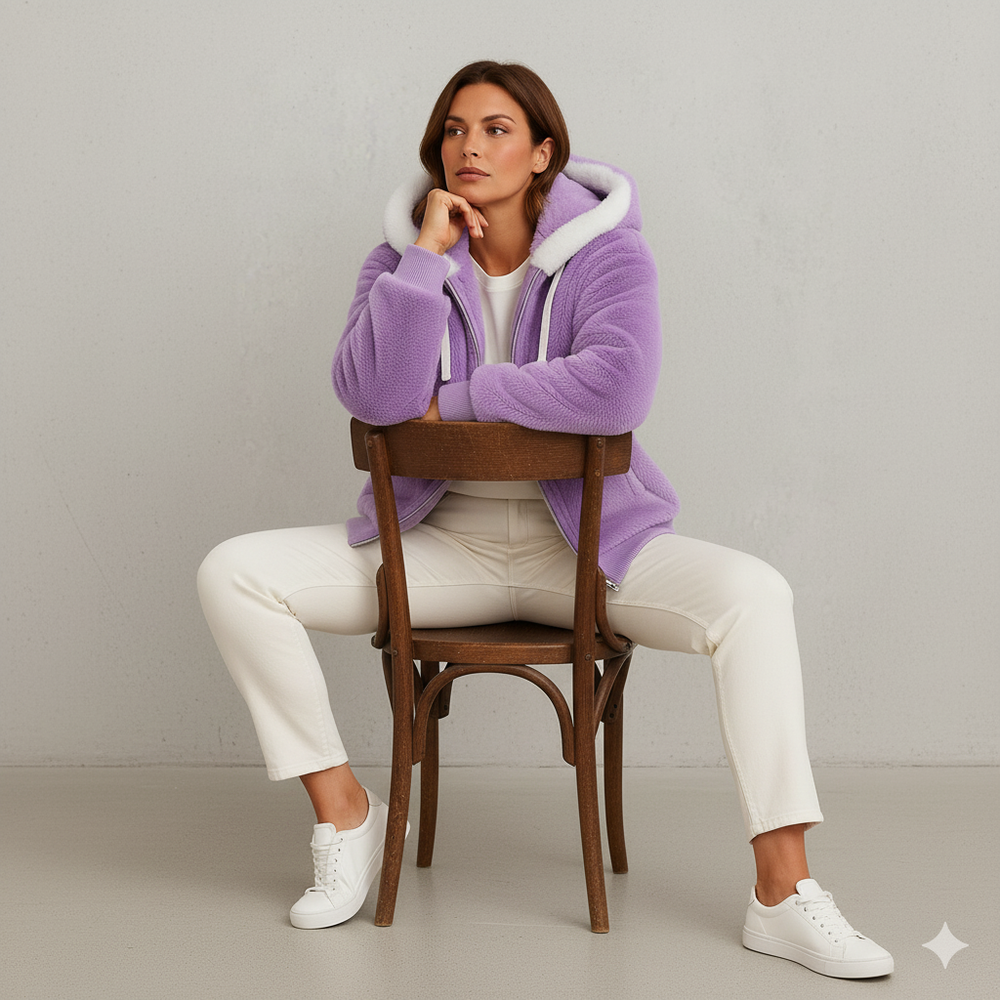 Kuschelige Damen Plüschjacke mit Kapuze und Reißverschluss | Winter