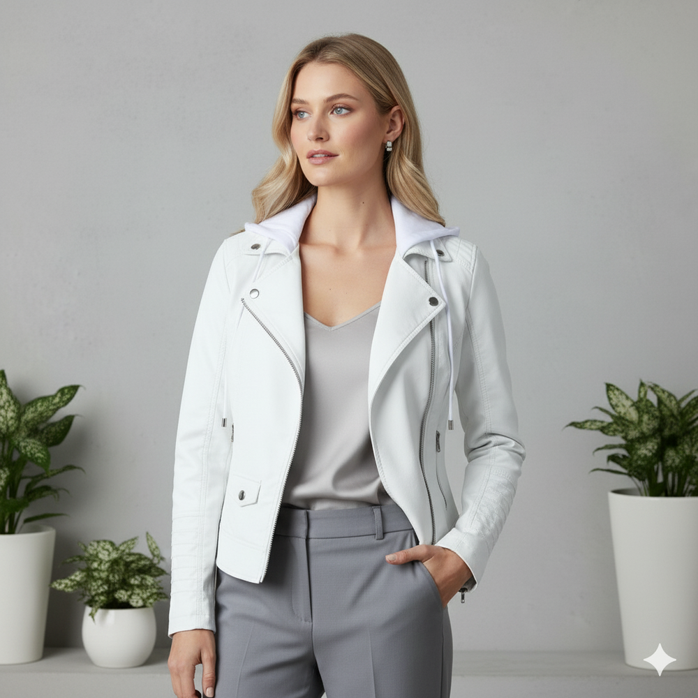 Damen Lederjacke mit Kapuze | Modern & Abnehmbar | Übergang