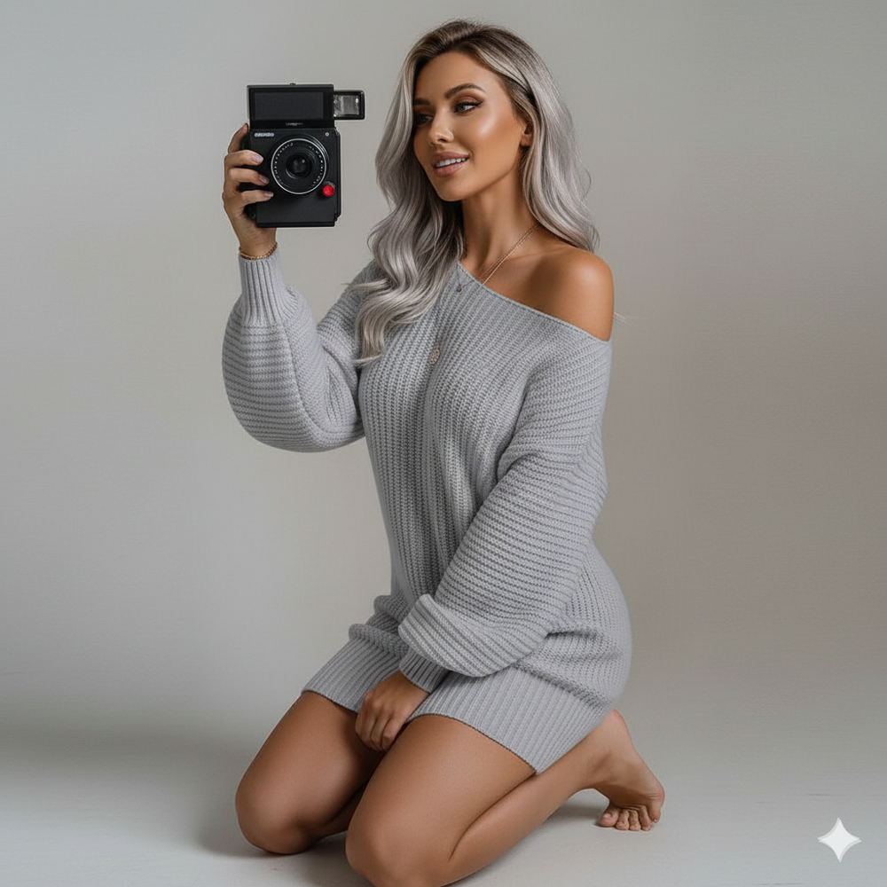 Damen Strickkleid schulterfrei | Elegant & Warm für Herbst Winter