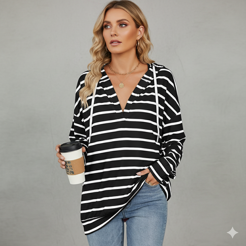 Gestreifter Damen Hoodie mit V Ausschnitt
