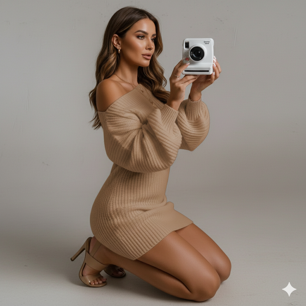 Damen Strickkleid schulterfrei | Elegant & Warm für Herbst Winter