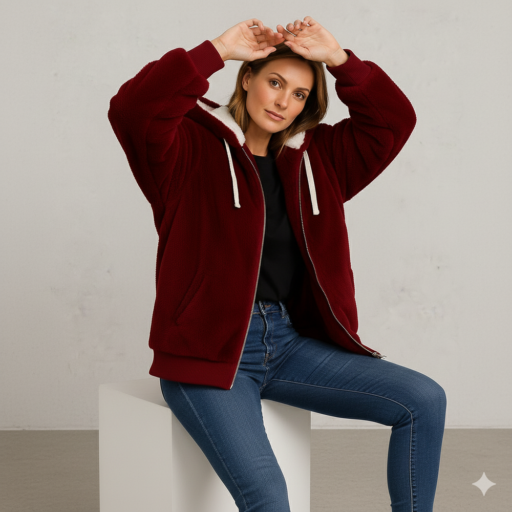 Kuschelige Damen Plüschjacke mit Kapuze und Reißverschluss | Winter