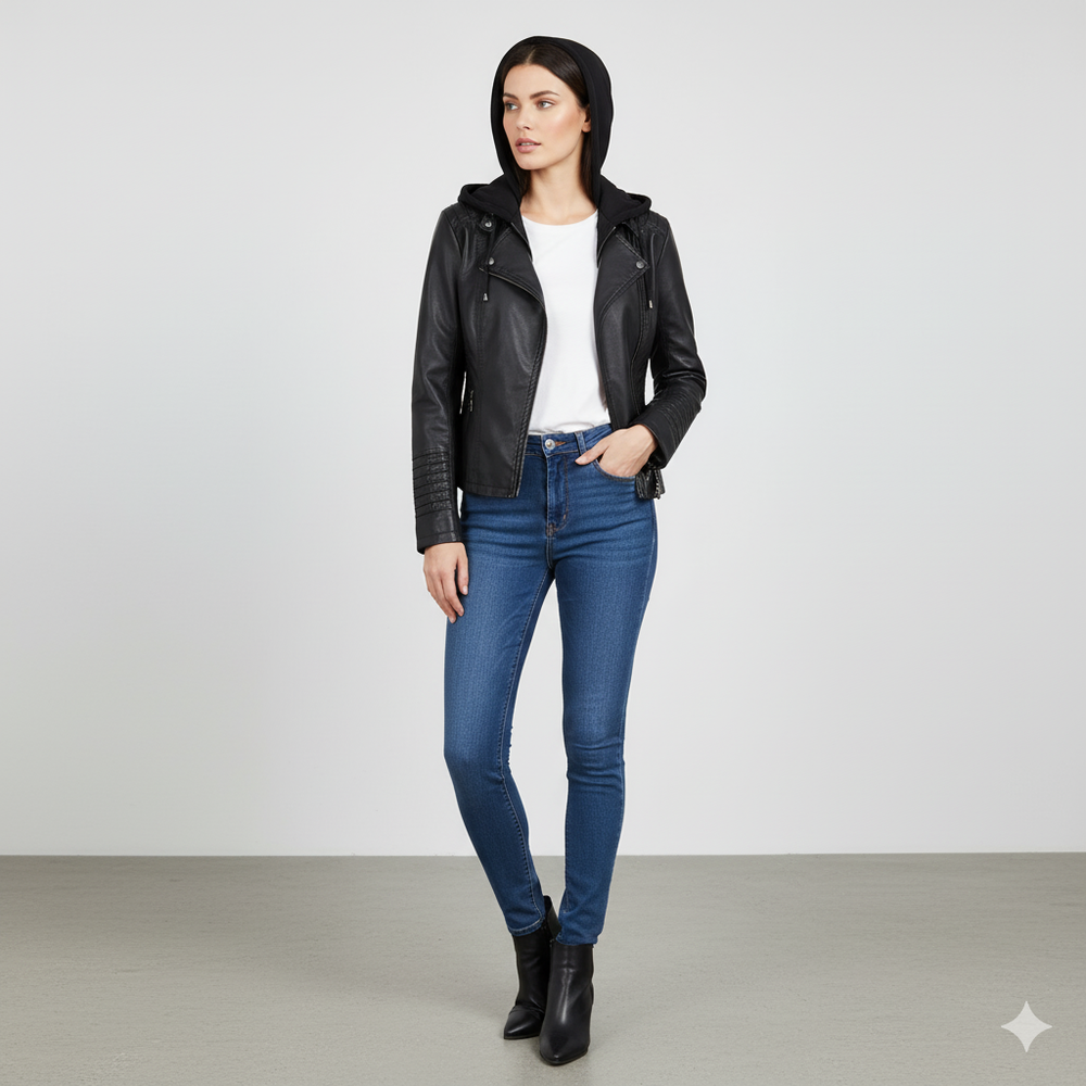 Damen Lederjacke mit Kapuze | Modern & Abnehmbar | Übergang