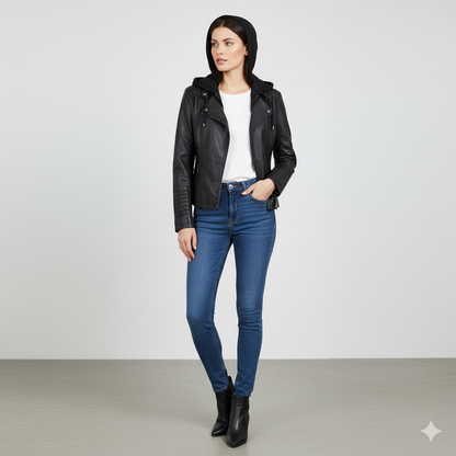 Damen Lederjacke mit Kapuze | Modern & Abnehmbar | Übergang