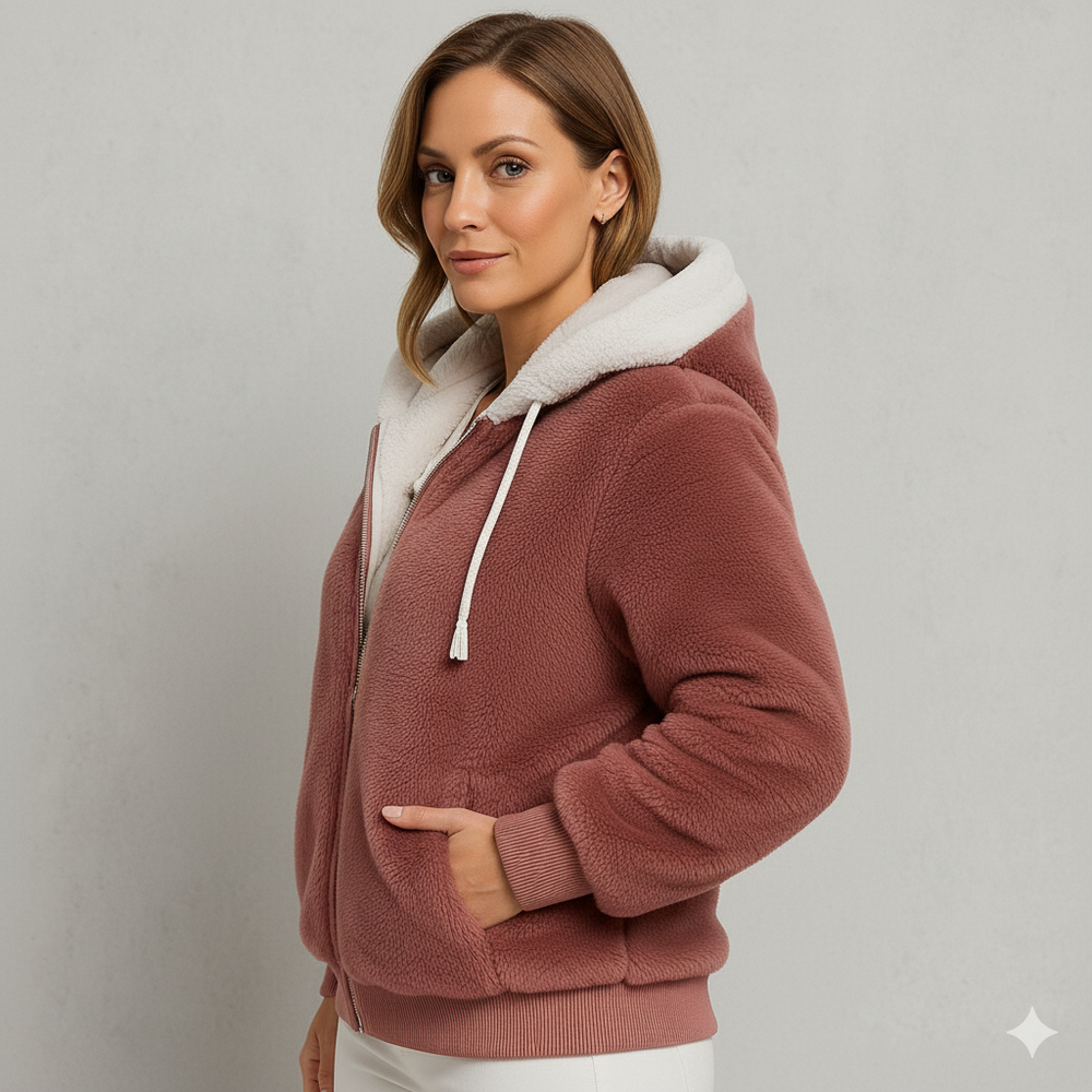 Kuschelige Damen Plüschjacke mit Kapuze und Reißverschluss | Winter