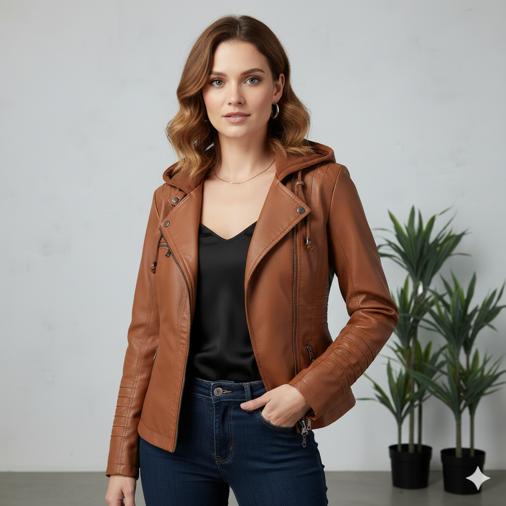 Damen Lederjacke mit Kapuze | Modern & Abnehmbar | Übergang