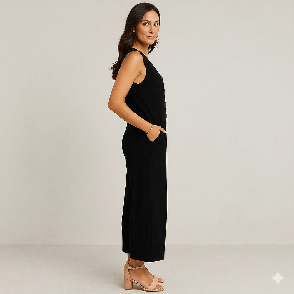 Damen Leinen Jumpsuit ärmellos | Herbst Elegant mit Knopfleiste
