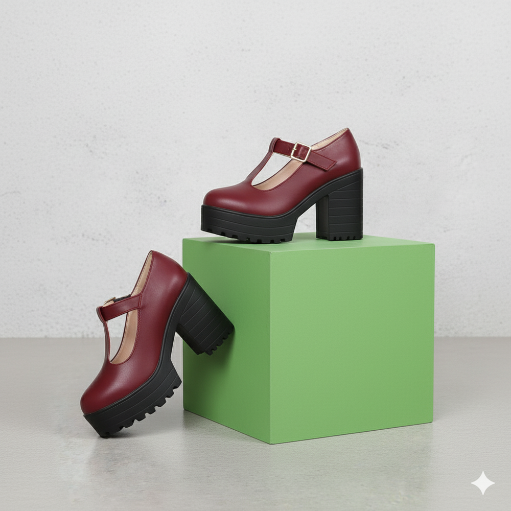 Damen T-Steg Pumps | Retro Stil mit Blockabsatz & Schnalle