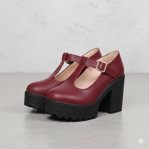 Damen T-Steg Pumps | Retro Stil mit Blockabsatz & Schnalle