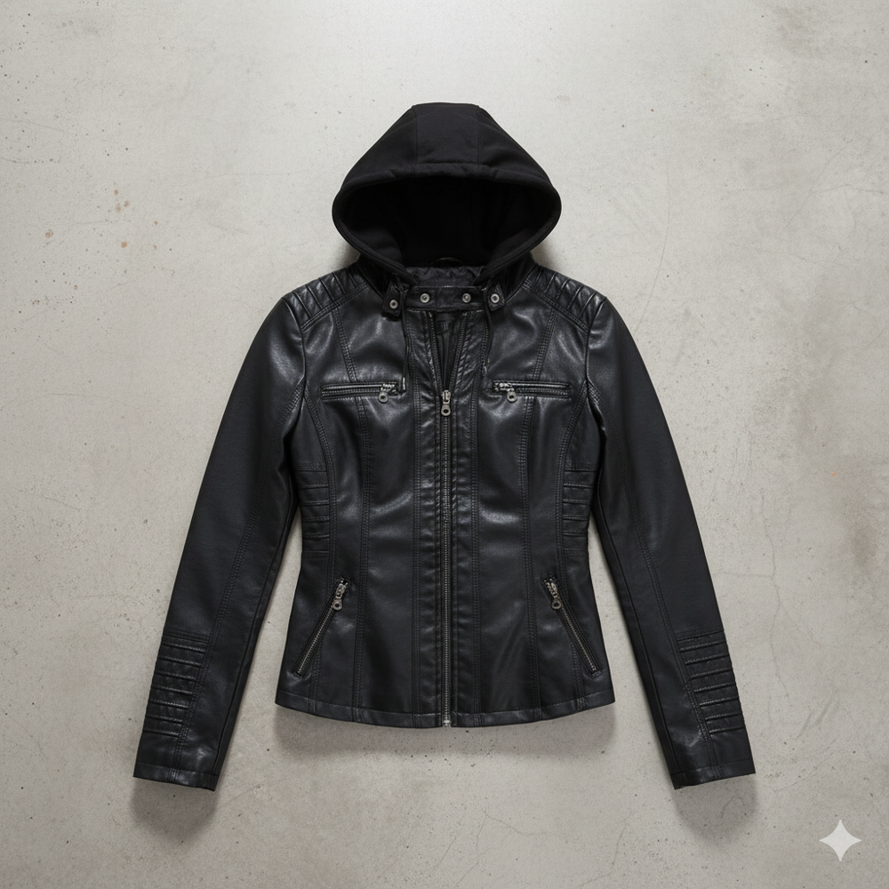 Damen Lederjacke mit Kapuze | Modern & Abnehmbar | Übergang