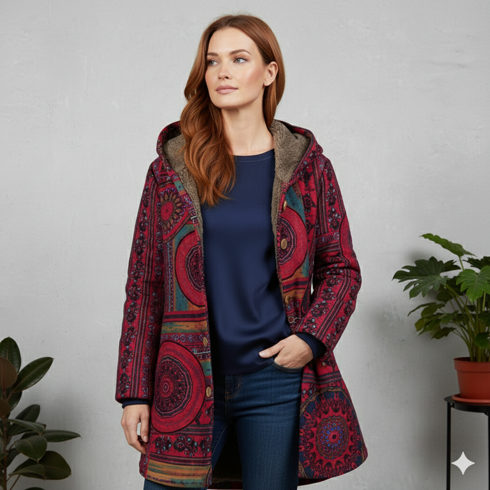 Damen Winterjacke mit Ethno Muster | Warm & Bequem | Kapuze
