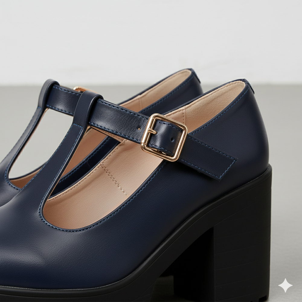 Damen T-Steg Pumps | Retro Stil mit Blockabsatz & Schnalle