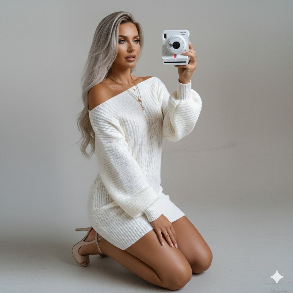 Damen Strickkleid schulterfrei | Elegant & Warm für Herbst Winter