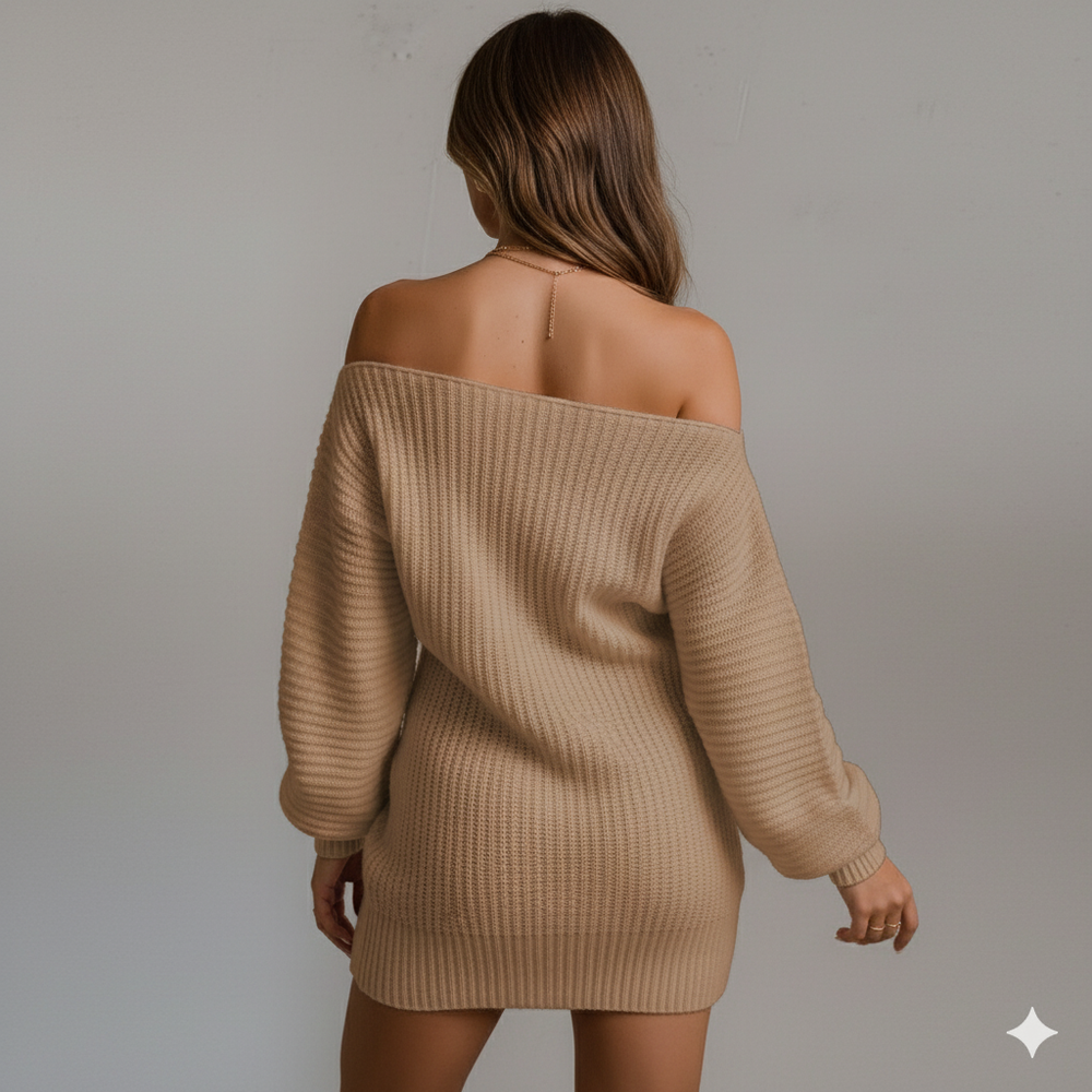 Damen Strickkleid schulterfrei | Elegant & Warm für Herbst Winter