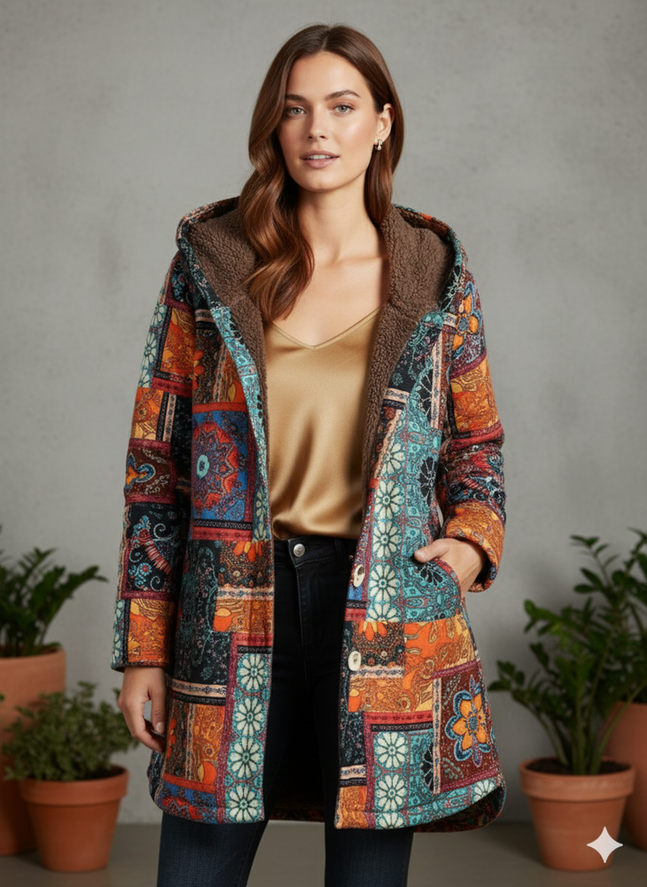 Damen Winterjacke mit Ethno Muster | Warm & Bequem | Kapuze