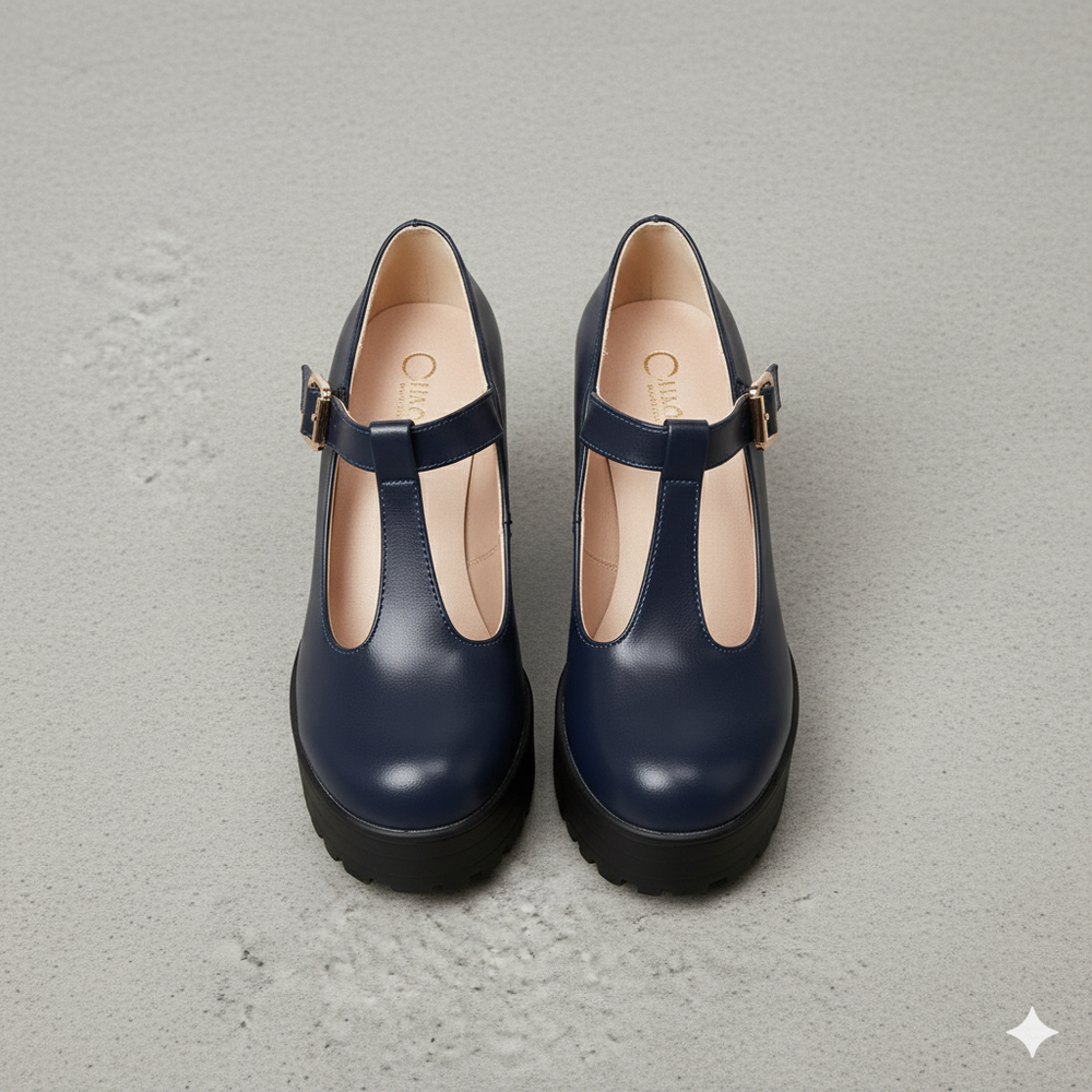 Damen T-Steg Pumps | Retro Stil mit Blockabsatz & Schnalle