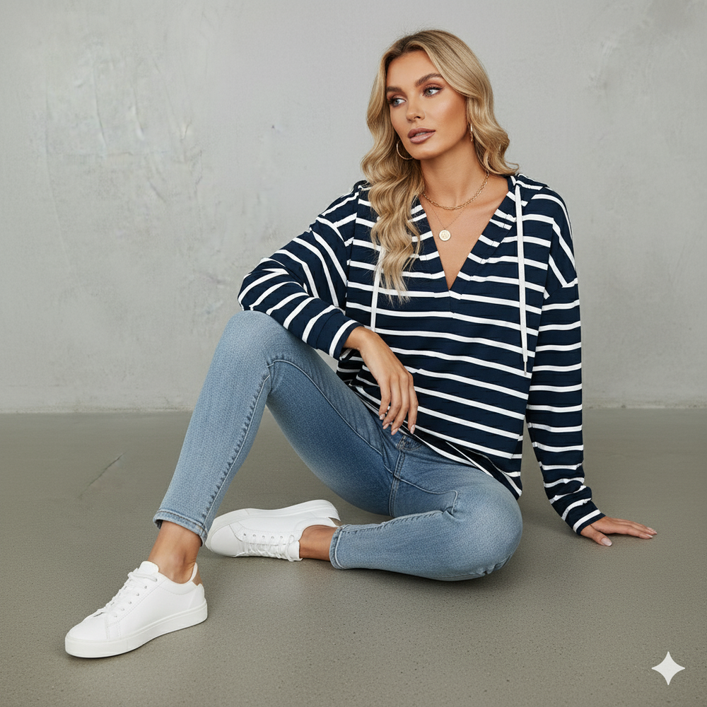Gestreifter Damen Hoodie mit V Ausschnitt