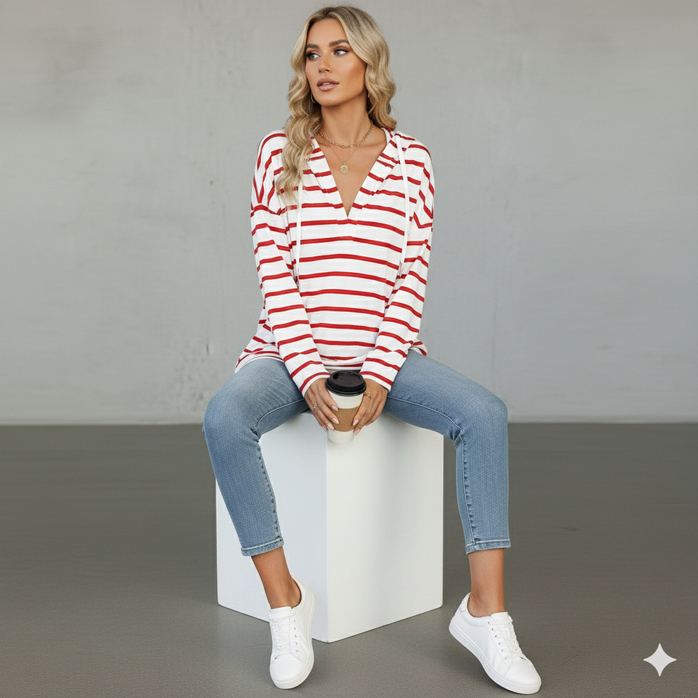 Gestreifter Damen Hoodie mit V Ausschnitt