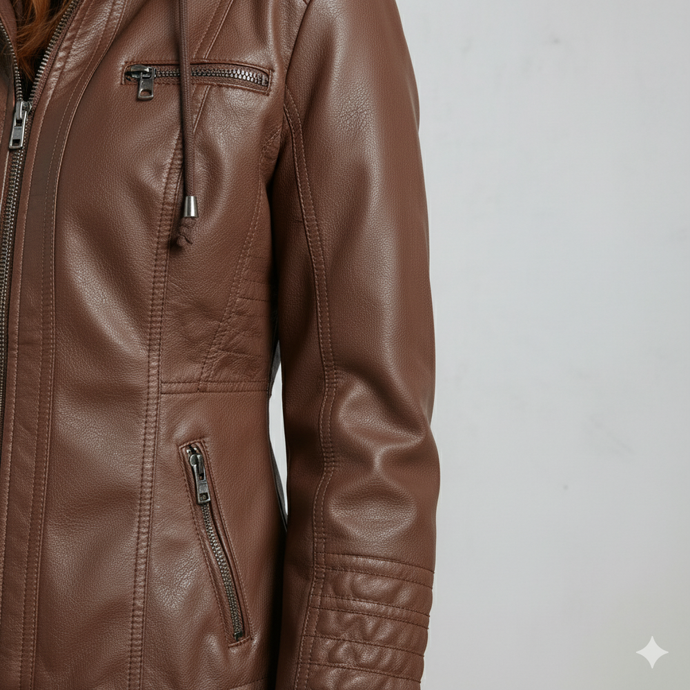 Damen Lederjacke mit Kapuze | Modern & Abnehmbar | Übergang
