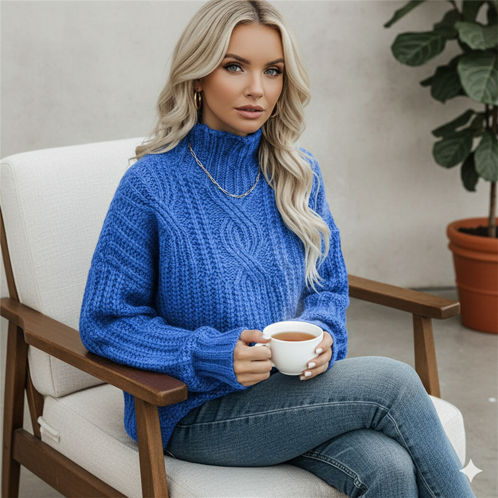 Damen Strickpullover mit Zopfmuster | Warm & Hochgeschlossen | Winter