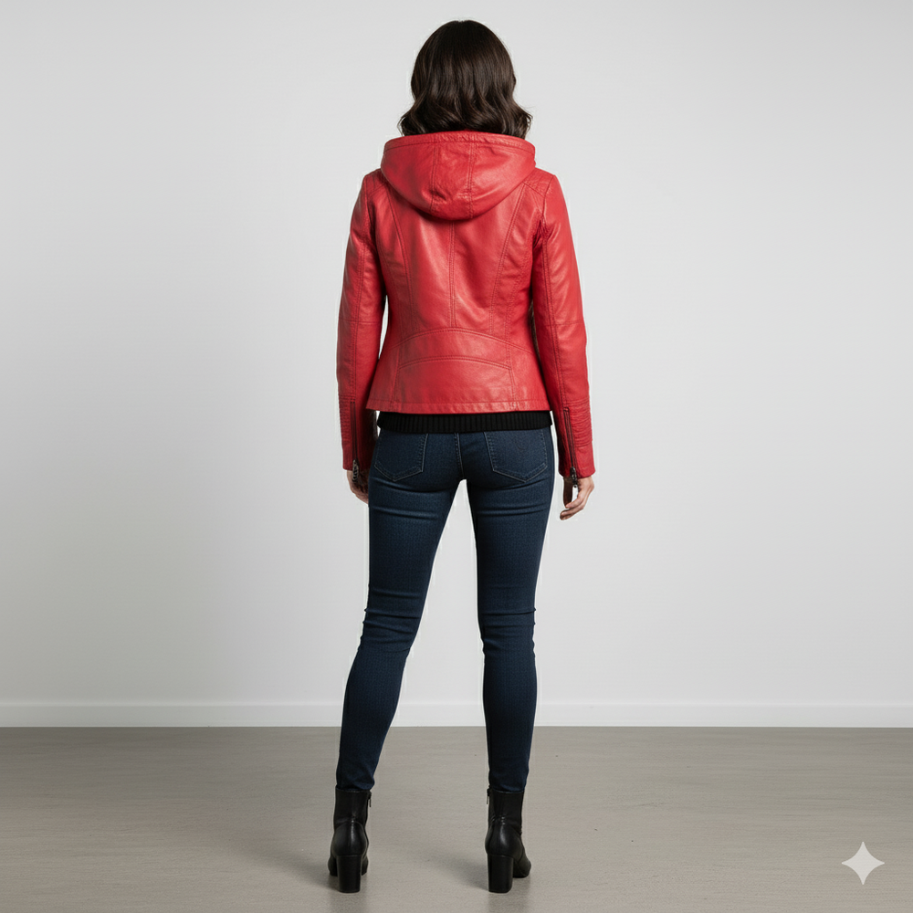 Damen Lederjacke mit Kapuze | Modern & Abnehmbar | Übergang