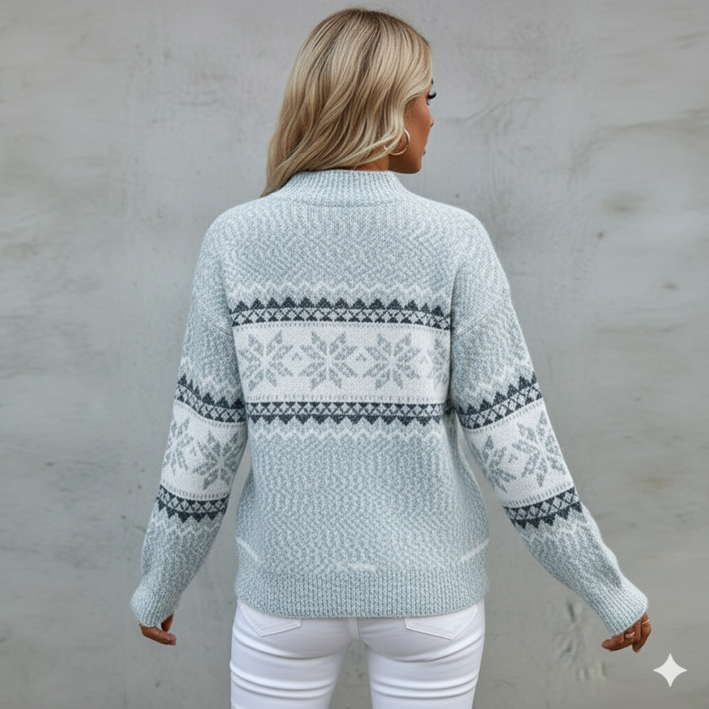 Damen Strickpullover mit Stehkragen | Winter | Schneeflocken-Muster